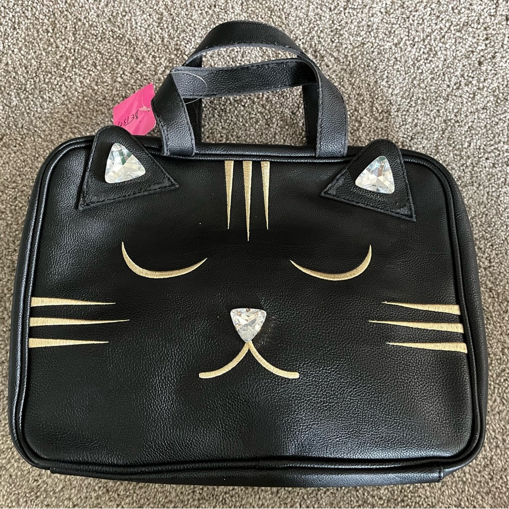 Betsey Johnson cat face cosmetic bag black gold